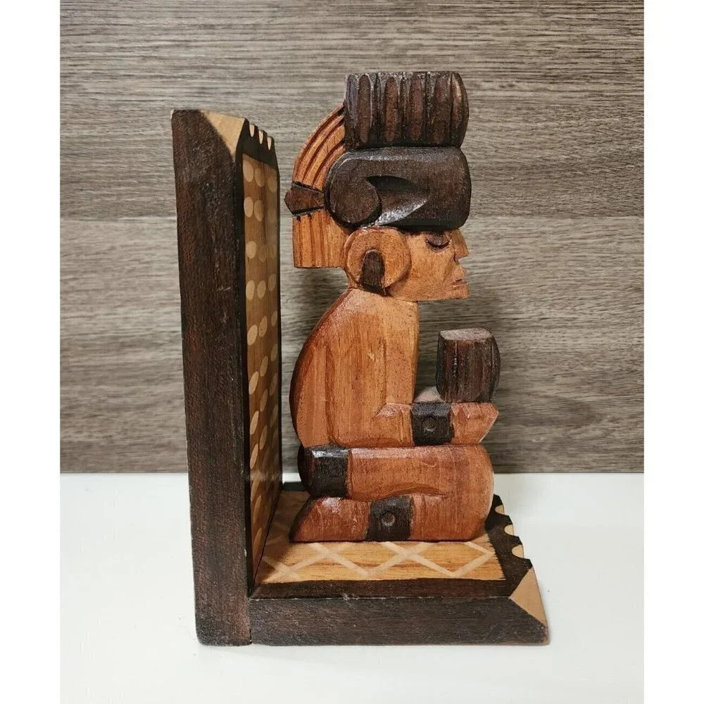 Vintage Mexico Hand Carved Wood Bookend Mayan‎ God